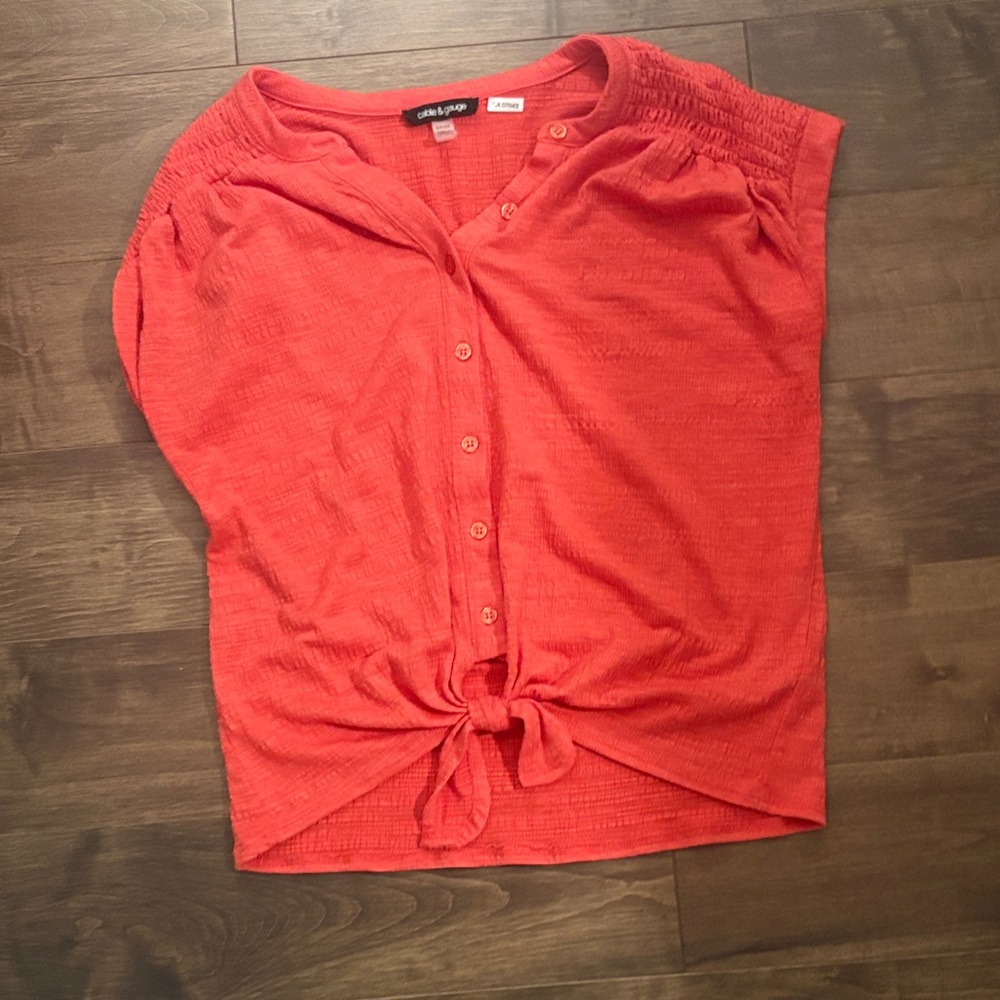 Cable & Gauge Red Button-Down Shirt with Tie Front